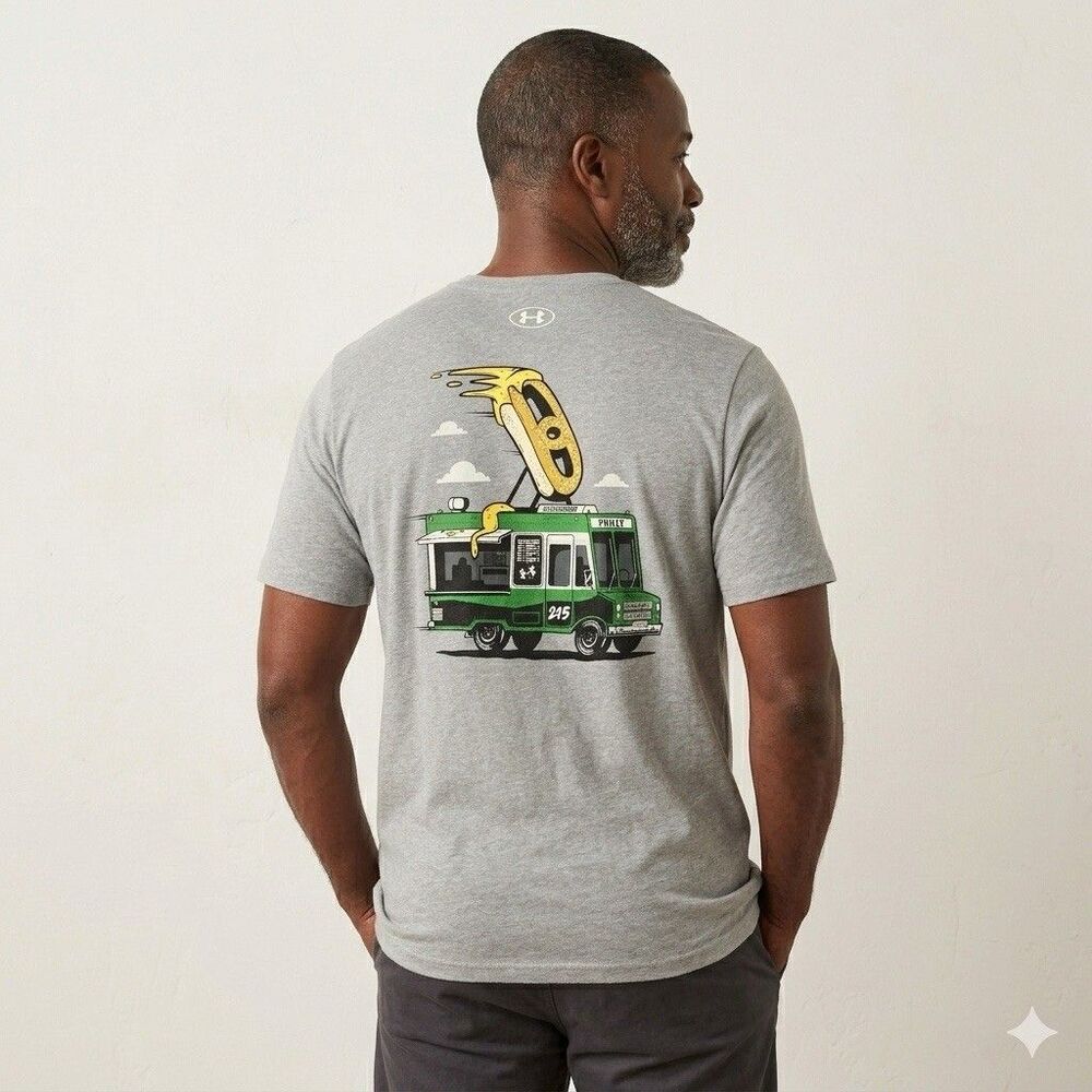 Under Armour Philly Food Truck Pretzel Graphic Shirt HeatGear XXL Grey Loose Fit
